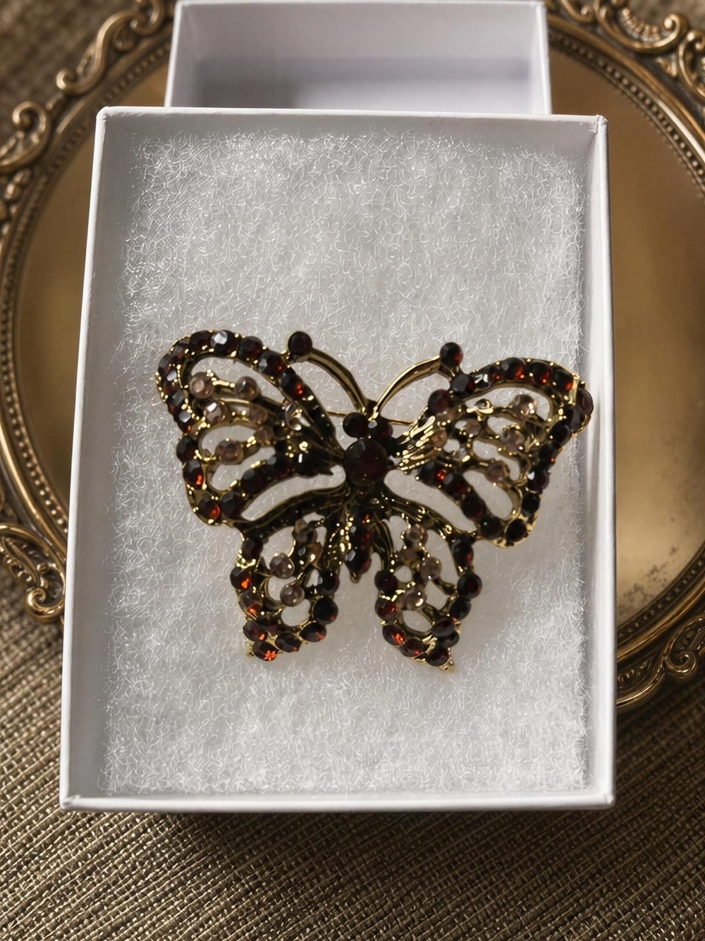 Fashion Nova Gold Butterfly Brooch with Deep Red Stones